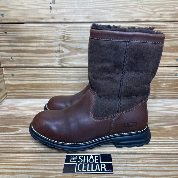 UGG Australia Womens Brooks Winter Boots Brown Sheepskin Mid Calf Pull On 7 - Picture 5 of 9